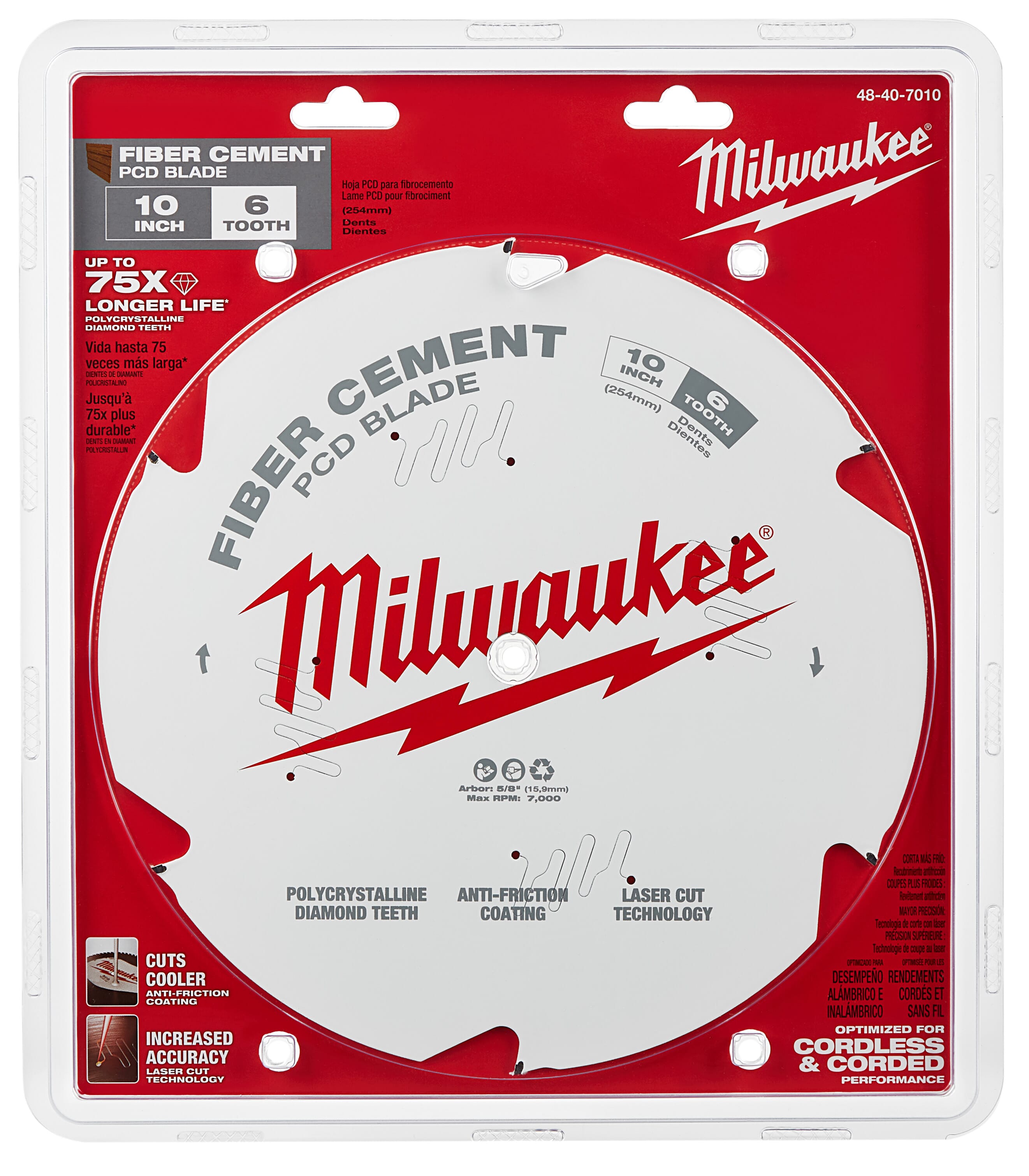 Milwaukee® 48-40-7010 Thin Kerf Circular Saw Blade, 10 in Dia x 1.05 in THK, 5/8 in Arbor, Polycrystalline Diamond Blade, 6 Teeth